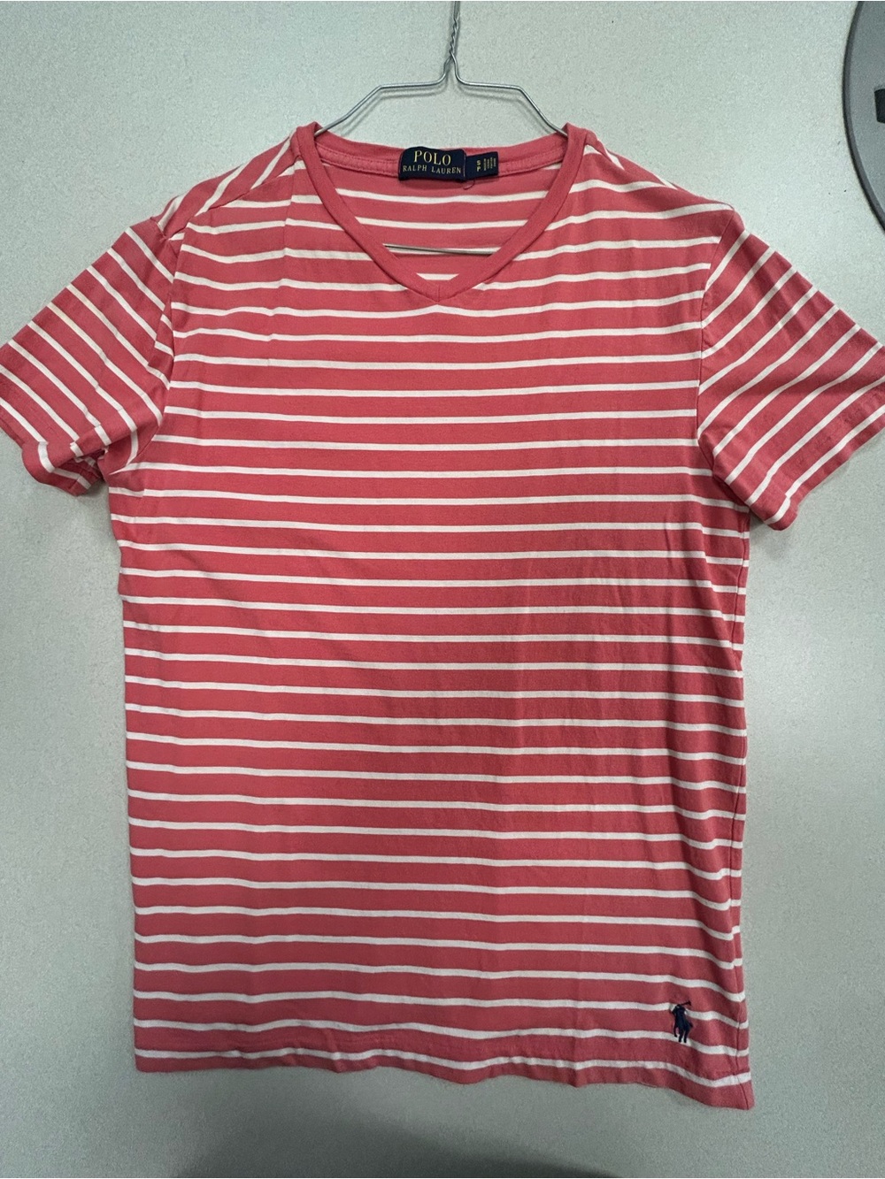 Ralph Lauren Coral Pink & White Striped V-Neck Tee